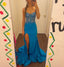 Blue Spaghetti Strap Gorgeous Exquisite Beaded Bodycon Long Satin High Slit Ball Gown Classy Evening Dress