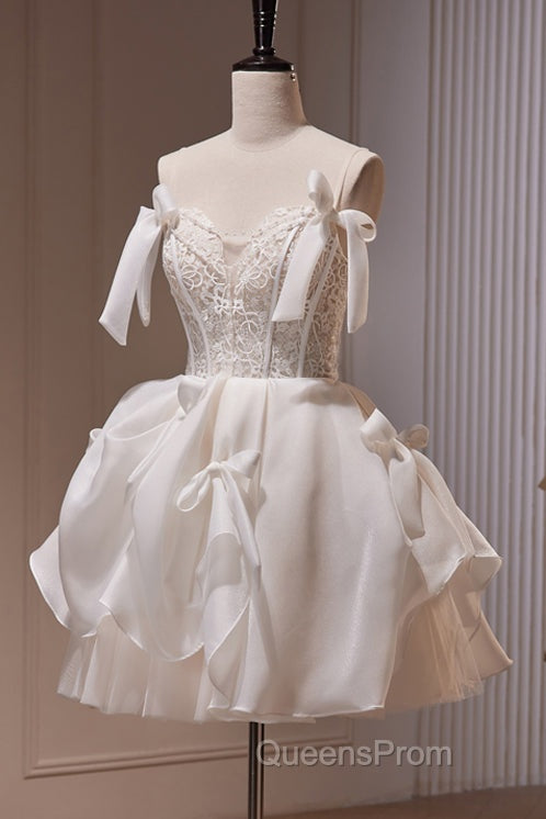 Spaghetti Straps Short Evening Prom Dress with Lace, Homecoming Gown with Bowknot