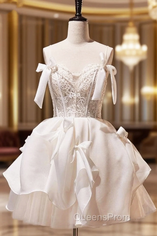 Spaghetti Straps Short Evening Prom Dress with Lace, Homecoming Gown with Bowknot Main image