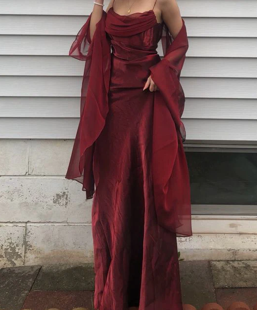 Spaghetti Straps Simple Burgundy Long Classy Prom Dress Main image