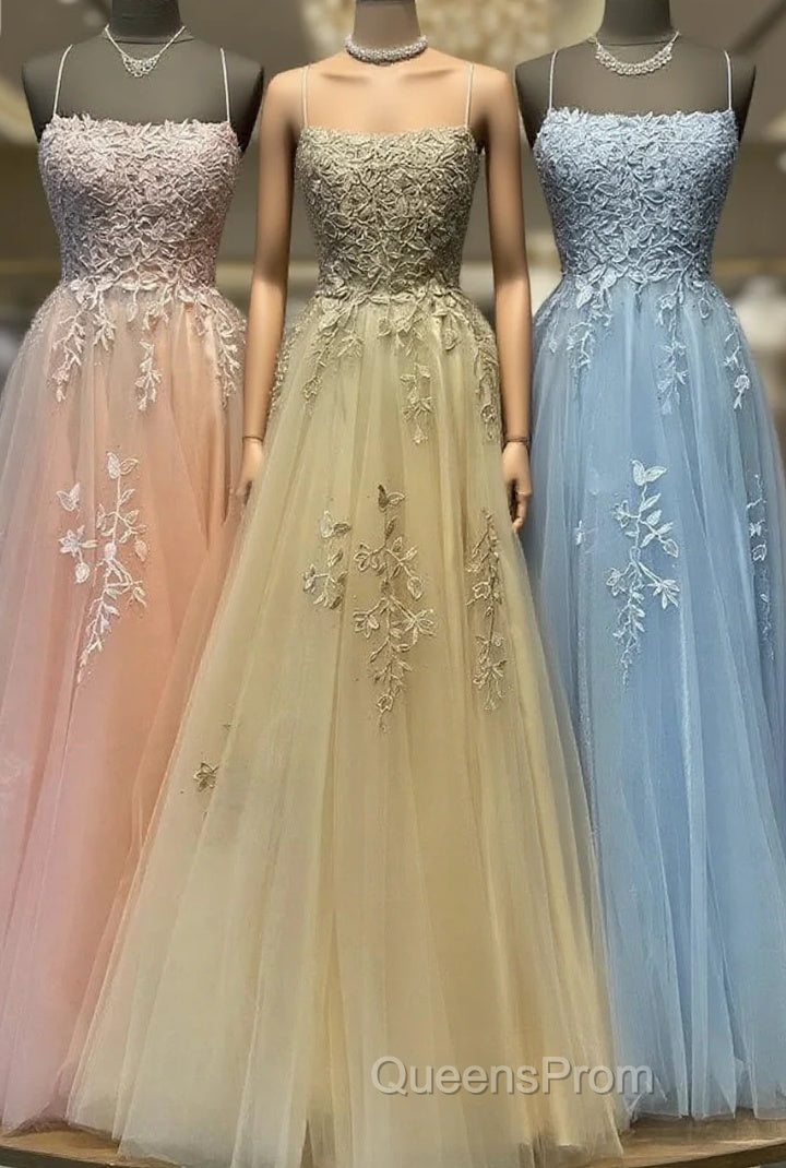 Spaghetti Straps Tulle Appliques Gold Evening Prom Formal Dress Main image