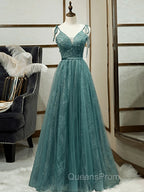 Spaghetti Straps Tulle Modest A Line Evening Dress Long Evening Prom Dress