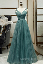 Spaghetti Straps Tulle Modest A Line Evening Dress Long Evening Prom Dress