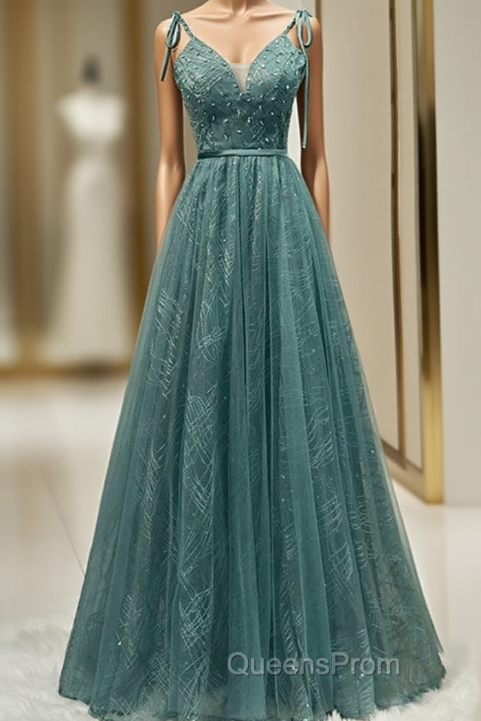 Spaghetti Straps Tulle Modest A Line Evening Dress Long Evening Prom Dress