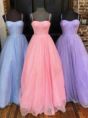 Spaghetti Straps Tulle Purple Bling Bling A Line Evening Prom Dress