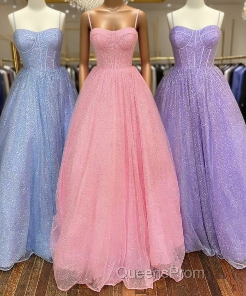 Spaghetti Straps Tulle Purple Bling Bling A Line Evening Prom Dress Main image