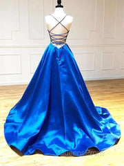 Spaghetti Straps V-Neck A-Line Royal Blue Evening Prom Dress,