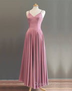 Spaghetti Straps V Neck Ankle Length Bridesmaid Dress