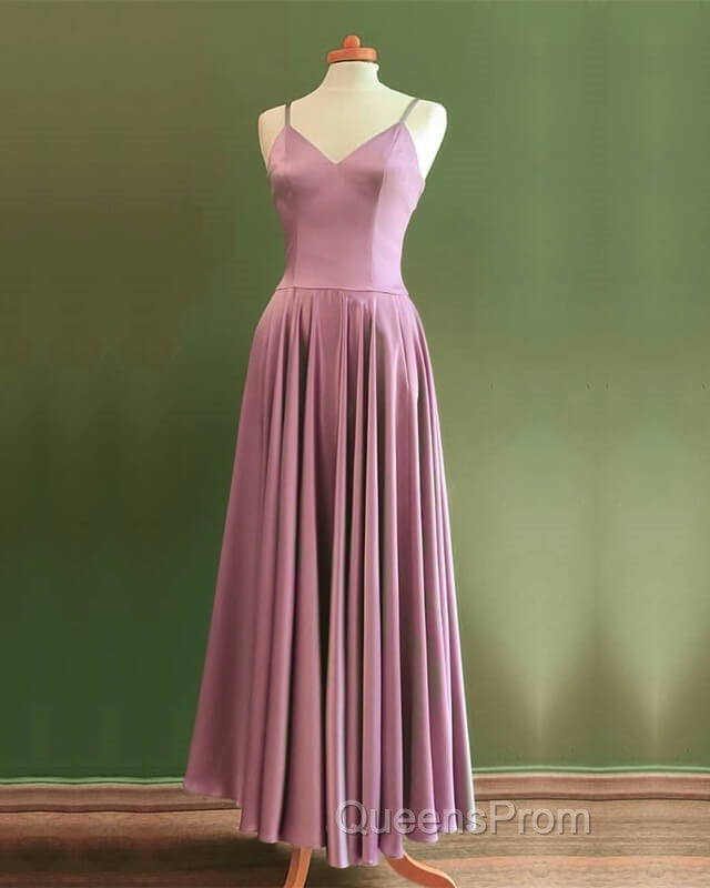 Spaghetti Straps V Neck Ankle Length Bridesmaid Dress