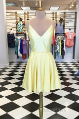 Spaghetti Straps V-Neck Satin Homecoming Dress Short Mini Cocktail Dress