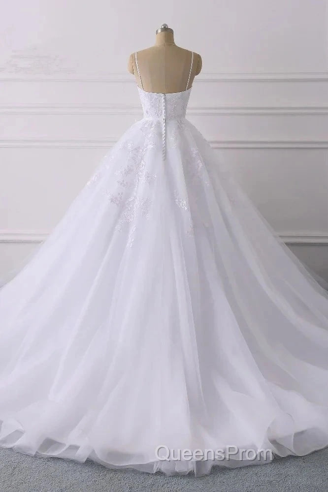 Spaghetti-Straps V-Neck Wedding Dress With Lace Appliques