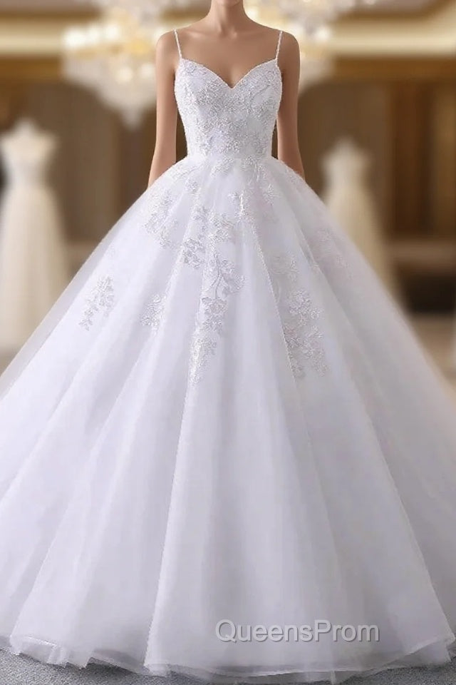 Spaghetti-Straps V-Neck Wedding Dress With Lace Appliques