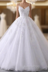 Spaghetti-Straps V-Neck Wedding Dress With Lace Appliques