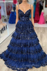 Spaghetti Straps White Layered A-Line Evening Prom Dress with Sequin