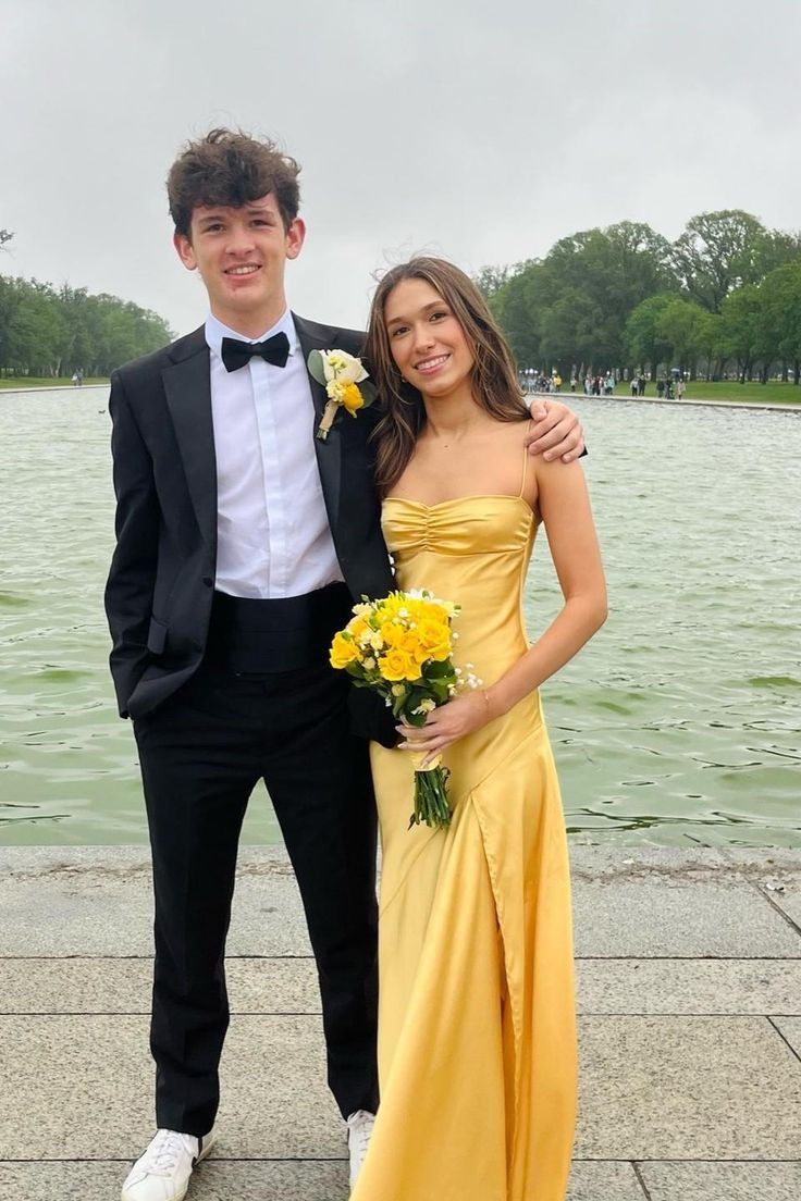 Spaghetti Straps Yellow Long Sheath Classy Prom Dress With Slit