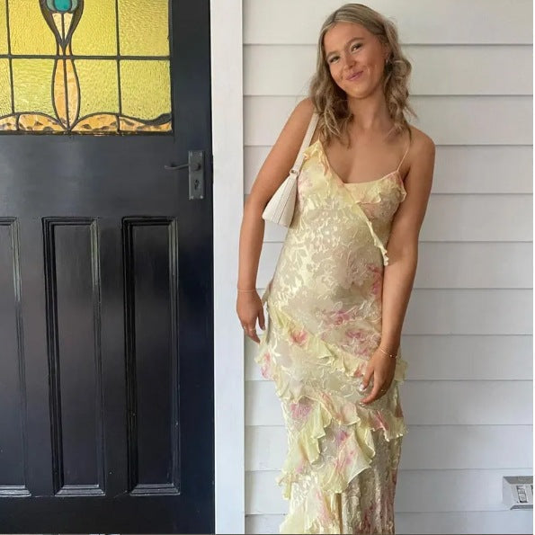 Spaghetti Straps Yellow Sheath Long Classy Prom Dress Ruffled Lace Dress 2027