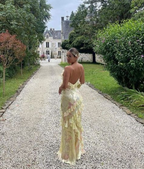 Spaghetti Straps Yellow Sheath Long Classy Prom Dress Ruffled Lace Dress 2027