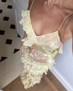 Spaghetti Straps Yellow Sheath Long Classy Prom Dress Ruffled Lace Dress 2027