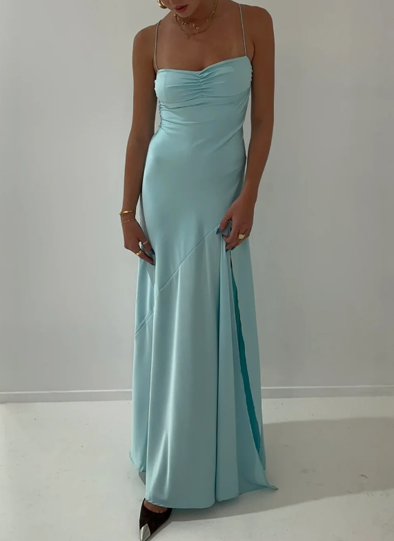 Spaghetti Strps Yellow Slit Long Classy Prom Dress