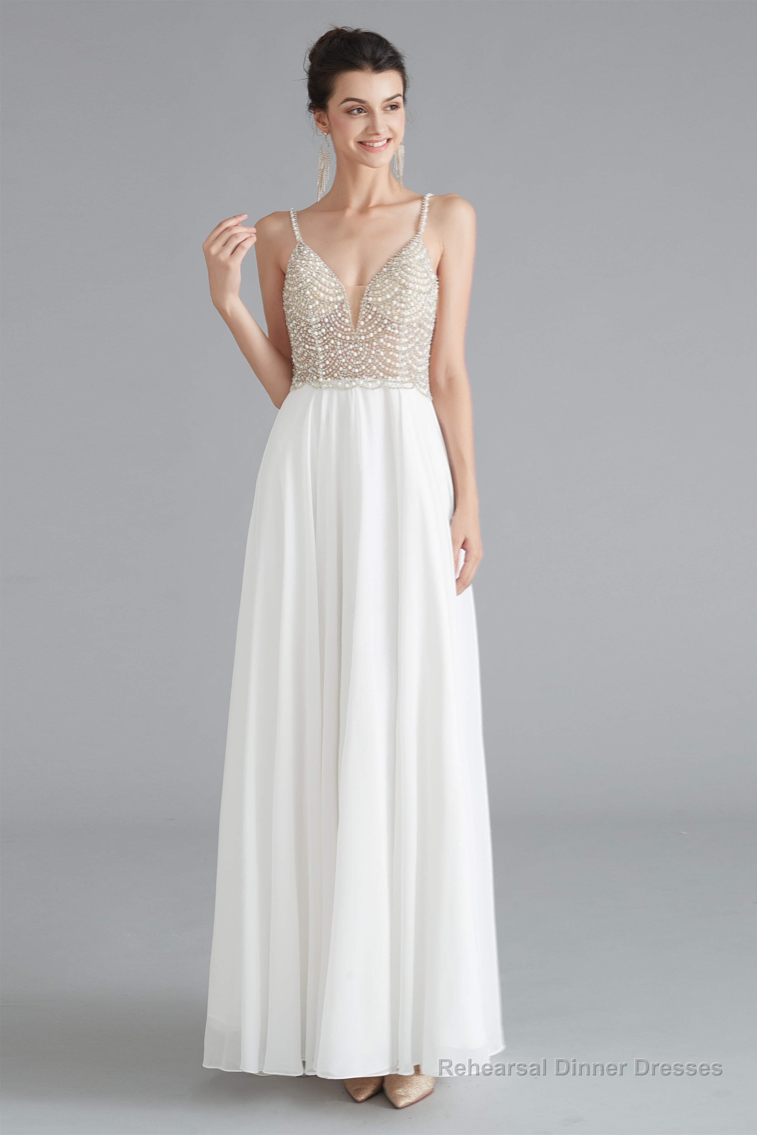 Spaghetti V-Neck Beaded Pearls Chiffon Prom Dresses Main image