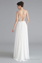 Spaghetti V-Neck Beaded Pearls Chiffon Prom Dresses