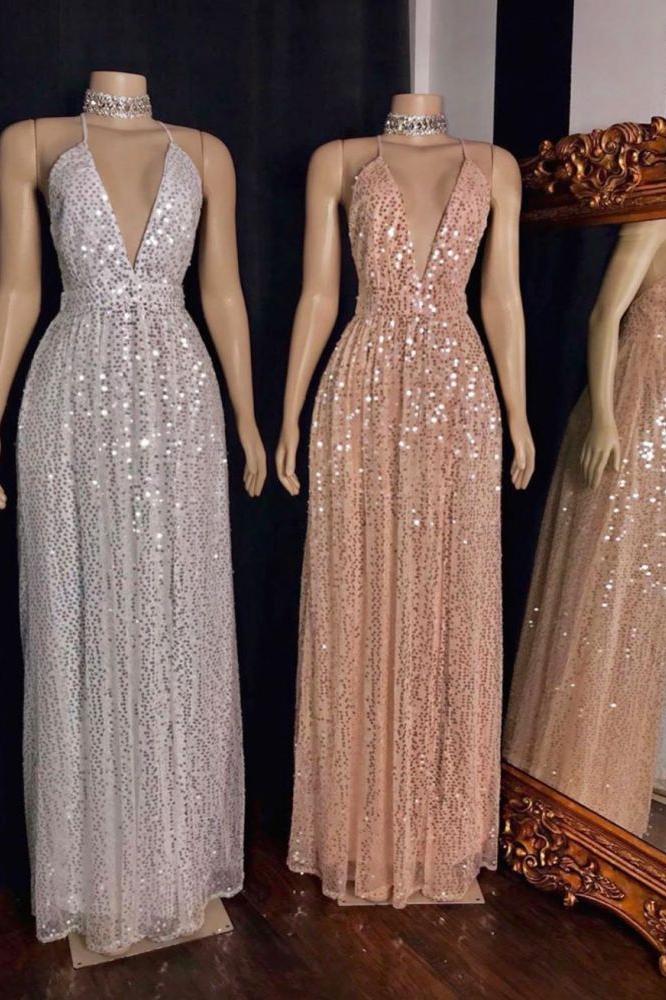 Spaghetti V-Neck Polka Sequins Tulle Floor Length Mermaid Prom Dresses