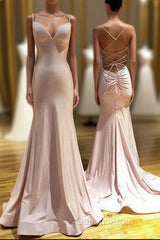 Pink Spaghetti Straps Mermaid Long Evening Prom Dress, Simple Formal Gown
