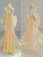 Sparkle A Line Scoop Neckline Sequin Gold Long Evening Prom Dress