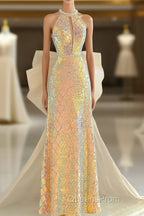 Sparkle A Line Scoop Neckline Sequin Gold Long Evening Prom Dress
