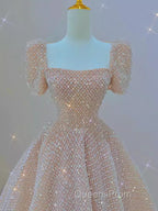 Sparkle A Line Square Neckline Sequin Pink Long Evening Prom Dress