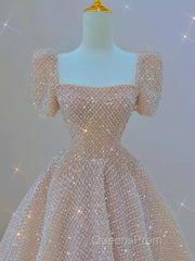 Sparkle A Line Square Neckline Sequin Pink Long Evening Prom Dress