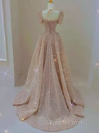 Sparkle A Line Square Neckline Sequin Pink Long Evening Prom Dress