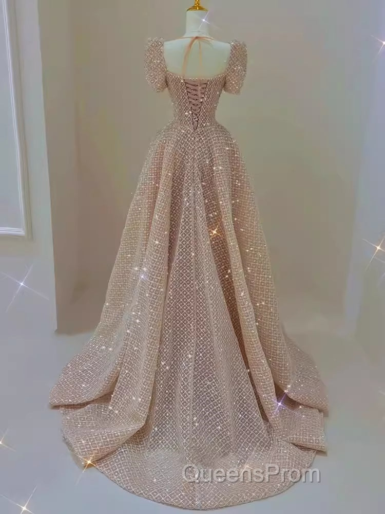 Sparkle A Line Square Neckline Sequin Pink Long Evening Prom Dress