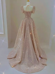 Sparkle A Line Square Neckline Sequin Pink Long Evening Prom Dress