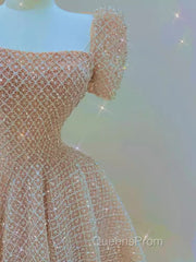 Sparkle A Line Square Neckline Sequin Pink Long Evening Prom Dress