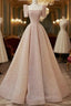 Sparkle A Line Square Neckline Sequin Pink Long Evening Prom Dress