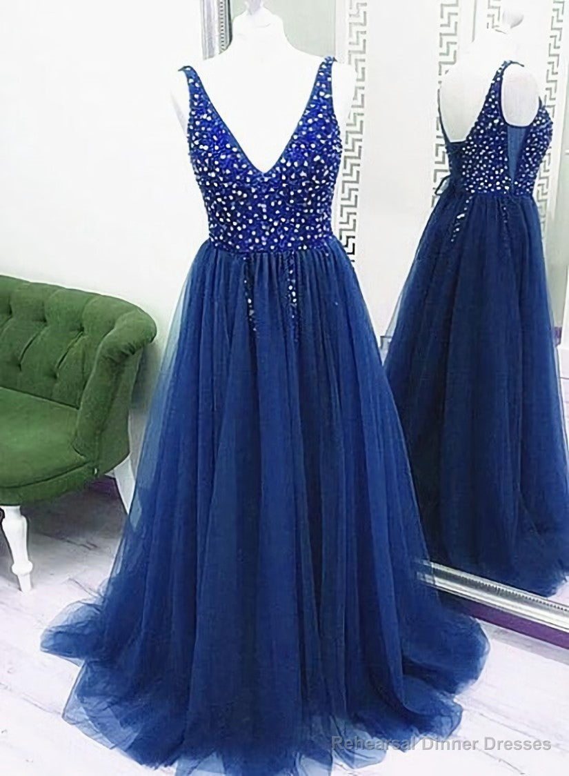 Sparkle Beaded Tulle V-neckline Floor Length Party Dress, Blue Junior Prom Dresses Formal Dresses Secondary image