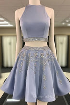 Sparkle Blue Two Pieces Beads Sequin Short Evening Prom Homecoming Dress