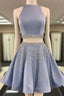 Sparkle Blue Two Pieces Beads Sequin Short Evening Prom Homecoming Dress