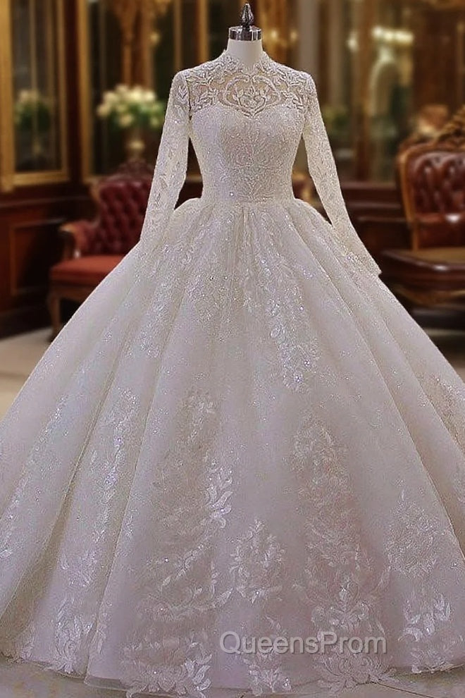 Sparkle Lace Ball Gown High Neck Tull Long Sleevess Wedding Dress Main image