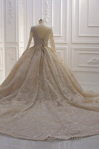 Sparkle Lace Long Sleevess Champange Luxurious corset Wedding Dress