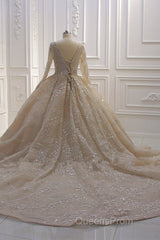 Sparkle Lace Long Sleevess Champange Luxurious corset Wedding Dress