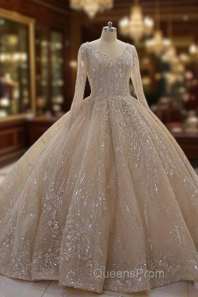Sparkle Lace Long Sleevess Champange Luxurious corset Wedding Dress Main image