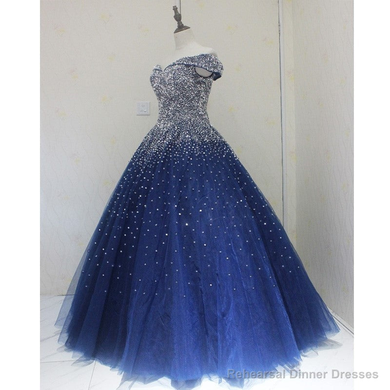 Sparkle Navy Blue Off Shoulder Ball Party Dress,Red Black Beaded Prom Dresses
