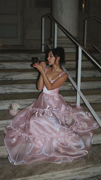 Sparkle Pink Organza A-Line Classy Prom Dress, Floor Length Classy Evening Party Dress