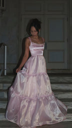 Sparkle Pink Organza A-Line Classy Prom Dress, Floor Length Classy Evening Party Dress
