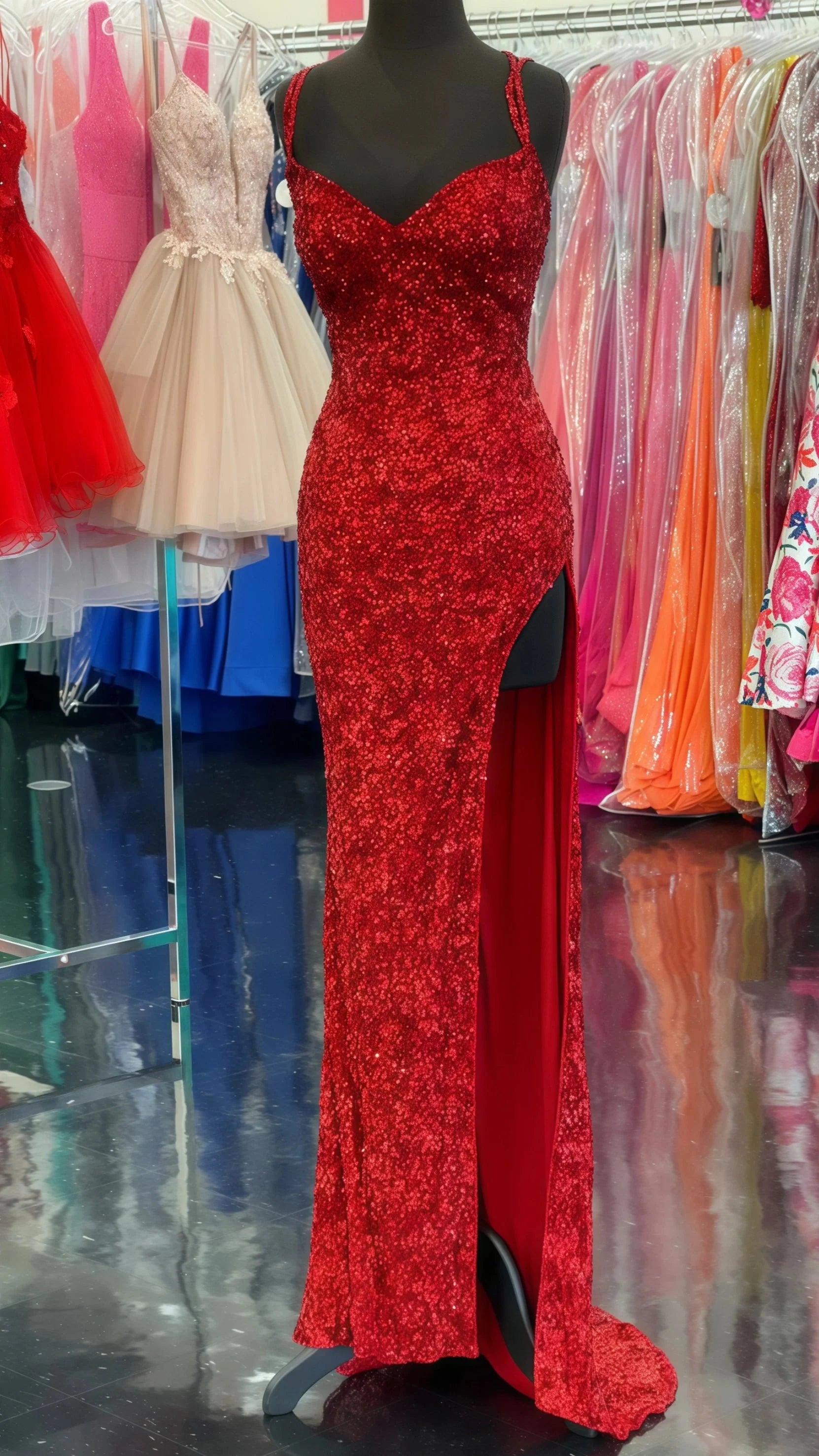 Sparkle Red Bodycon Sequined Long Classy Prom Dress