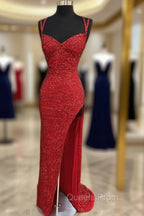 Sparkle Red Bodycon Sequined Long Evening Prom Dress