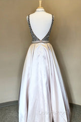 Sparkle Sequin Beaded V-Neck Long Satin Evening Prom Dress