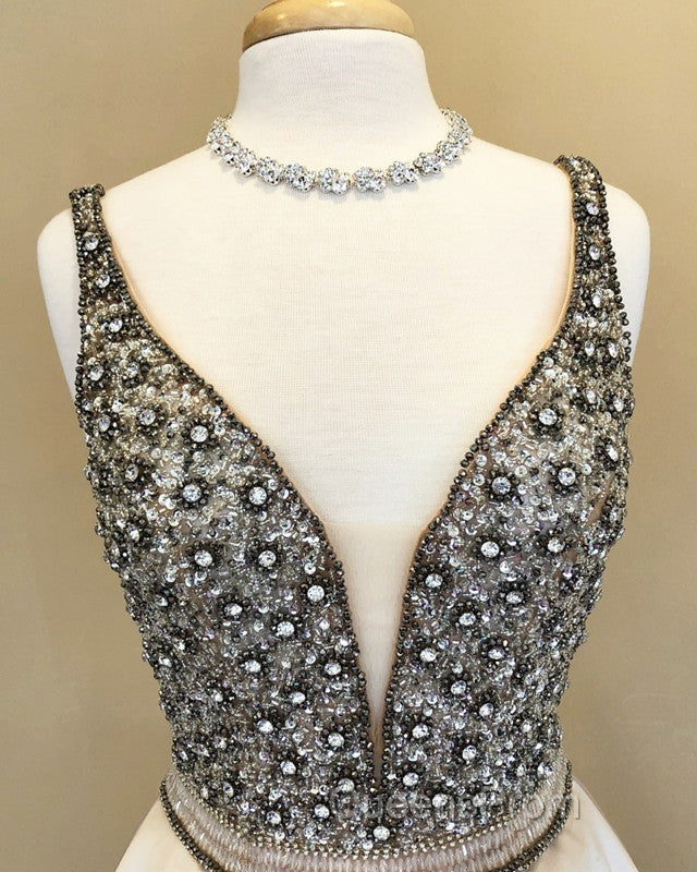 Sparkle Sequin Beaded V-Neck Long Satin Evening Prom Dress